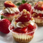 Strawberry shortcake cheesecake cups topped with fresh strawberries