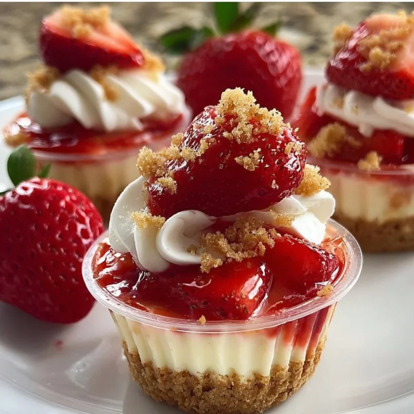Strawberry shortcake cheesecake cups topped with fresh strawberries