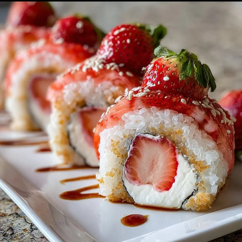 Strawberry shortcake sushi roll with fresh strawberries and whipped cream