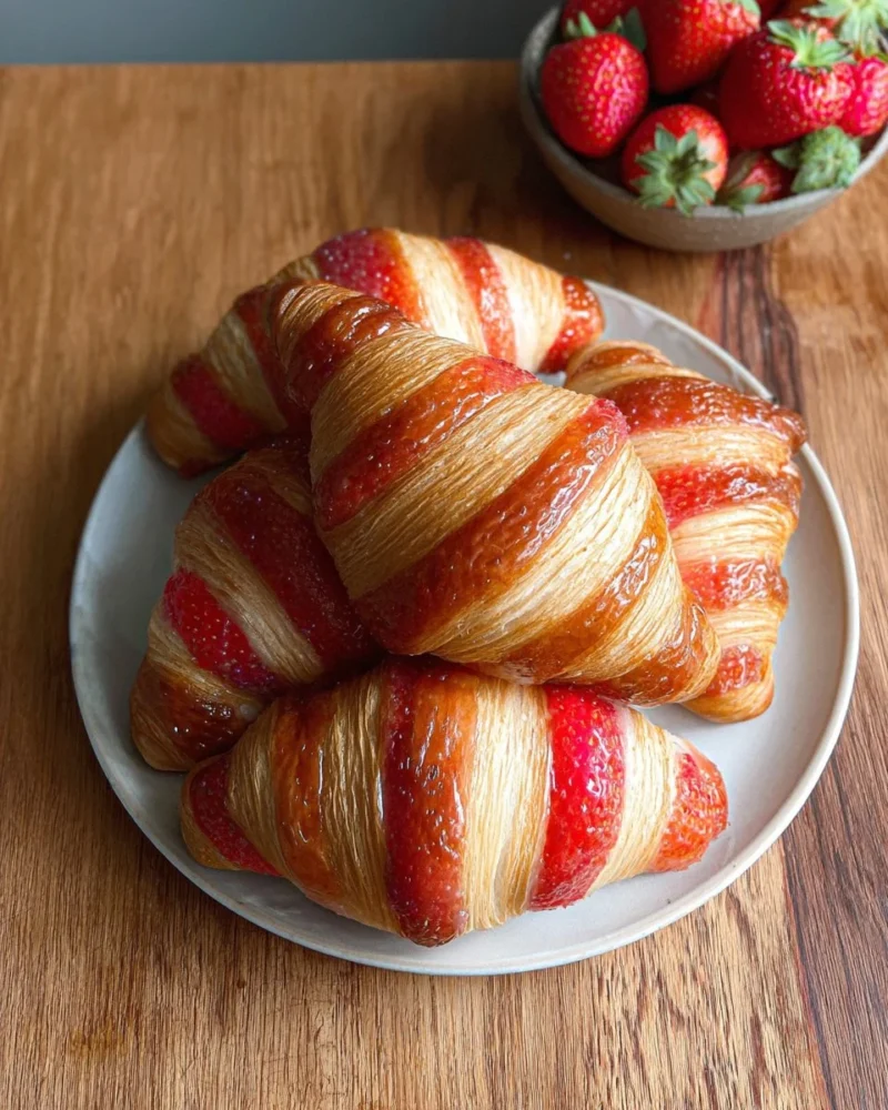 Freshly baked strawberry sourdough croissants on a rustic wooden table.