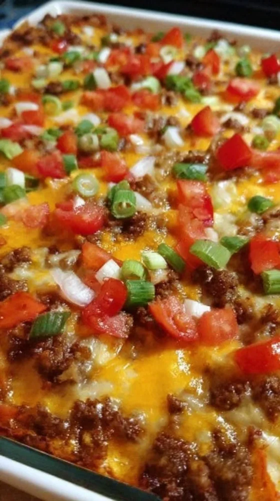 Delicious Taco Fiesta Casserole served in a colorful dish with toppings