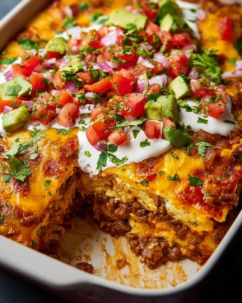 Delicious homemade Taco Lasagna with layers of tortillas, ground beef, and cheese
