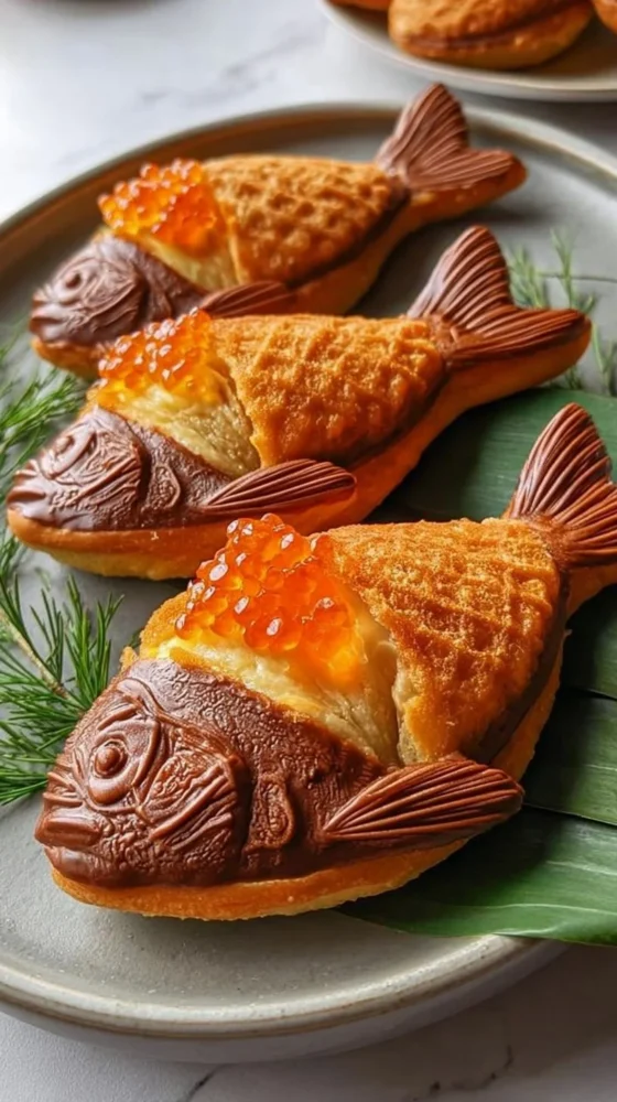 Delicious Taiyaki filled with red bean paste, shaped like a fish.