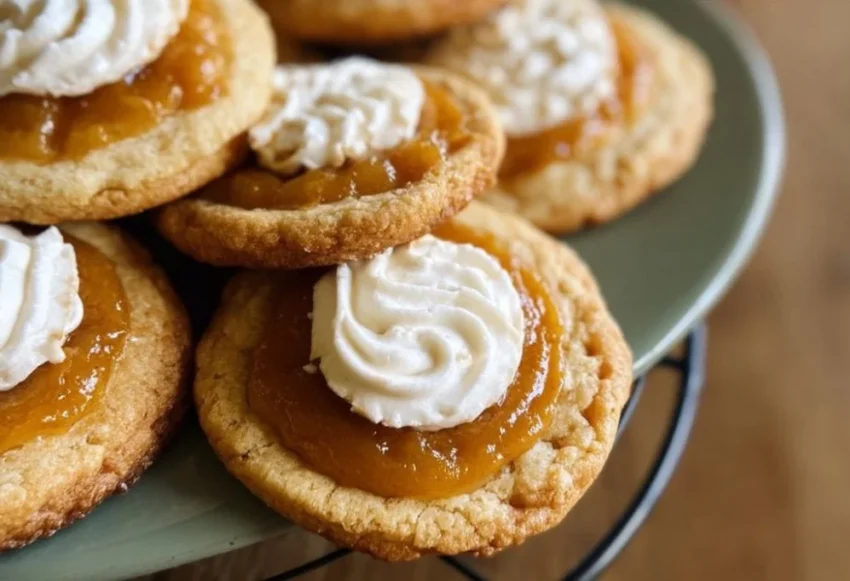 Thanksgiving cookies filled with creamy pumpkin pie filling ready for a festive feast.
