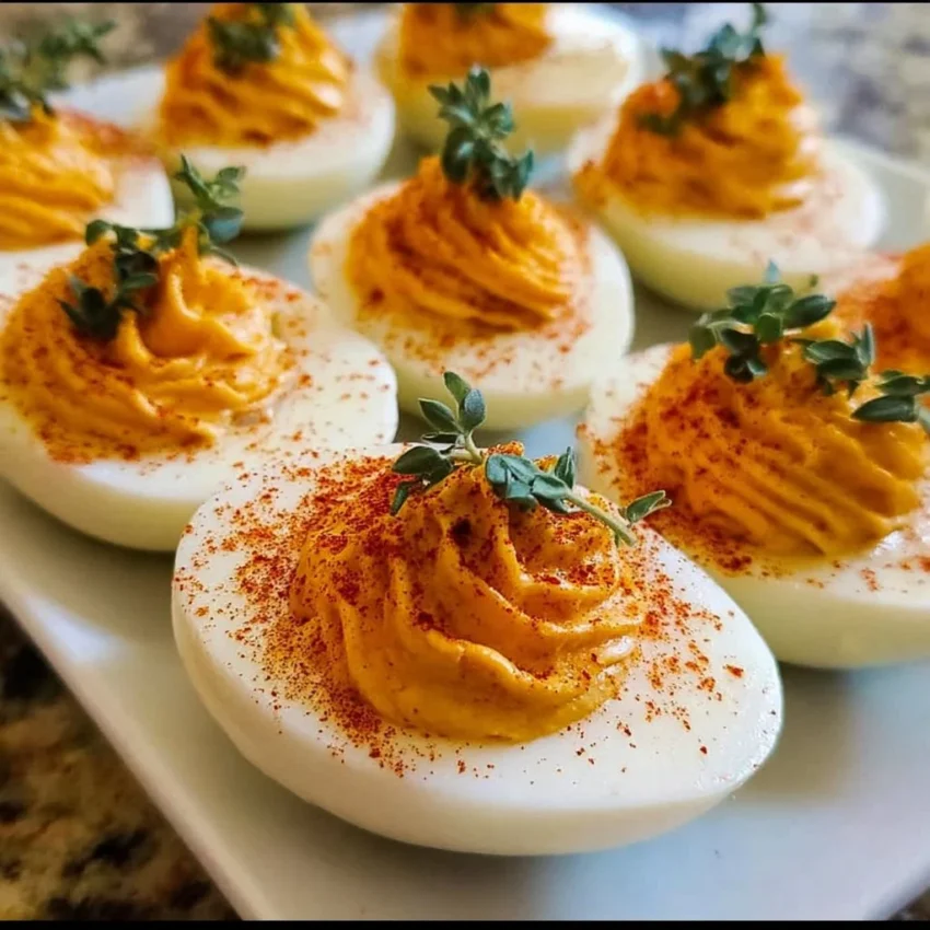 Delicious Thanksgiving deviled eggs garnished with herbs on a platter.