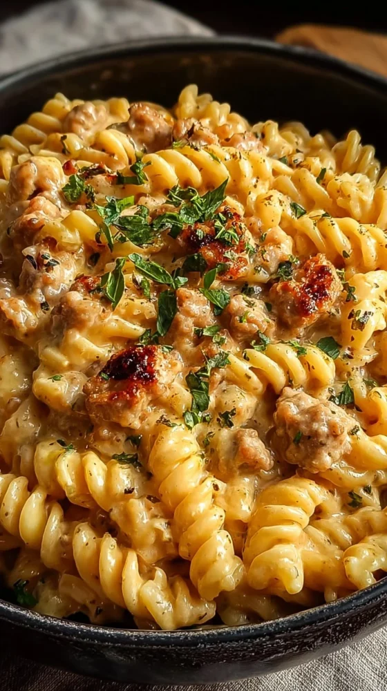 Creamy crockpot garlic parmesan chicken pasta served in a bowl