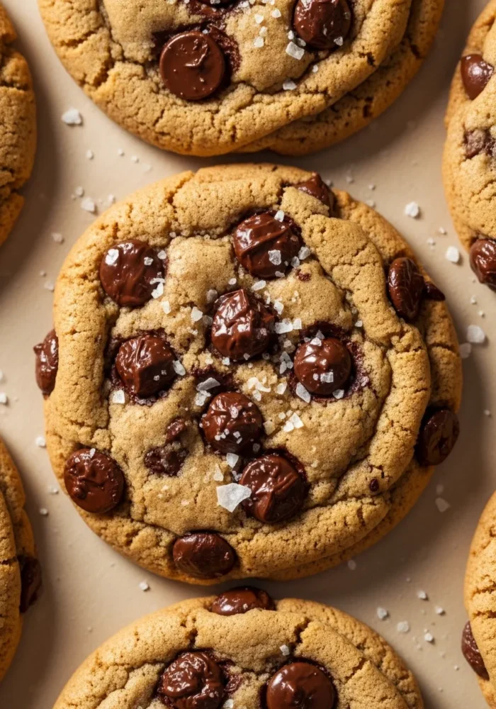 Golden brown chocolate chip cookies sprinkled with flaky sea salt, arranged on a light brown surface, with prominent melted chocolate chips.