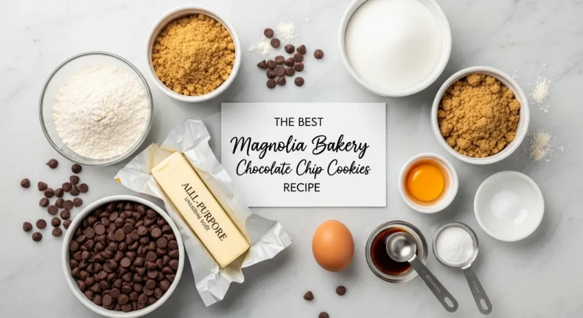 Overhead view of cookie ingredients arranged on a white marble surface around a card reading 'THE BEST Magnolia Bakery Chocolate Chip Cookies RECIPE'. Ingredients include bowls of flour, brown sugar, granulated sugar, chocolate chips, a stick of butter, a whole egg, an egg yolk, vanilla extract, baking soda, and salt.