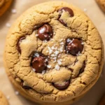 Golden brown chocolate chip cookies sprinkled with flaky sea salt, arranged on a light brown surface, with prominent melted chocolate chips.