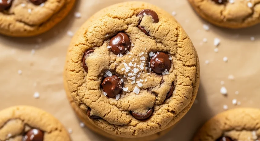 Golden brown chocolate chip cookies sprinkled with flaky sea salt, arranged on a light brown surface, with prominent melted chocolate chips.