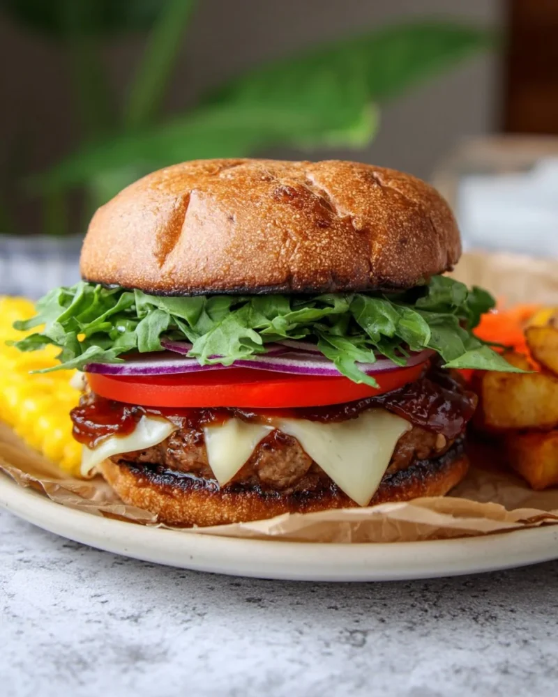 Delicious homemade turkey burger with fresh vegetables and toppings
