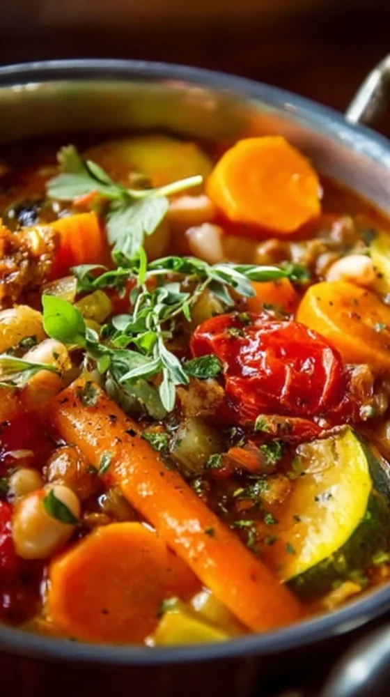 A bowl of hearty Turkey Vegetable Soup with colorful vegetables and turkey pieces.