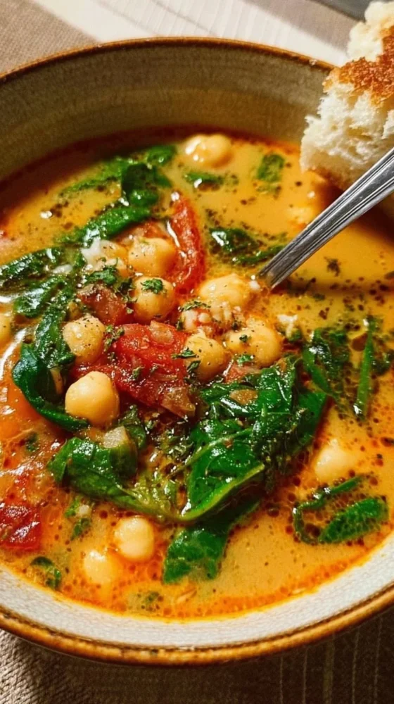 Bowl of Tuscan garbanzo bean soup garnished with herbs and served with bread