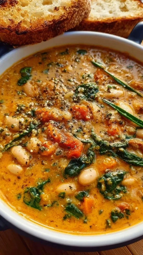 Bowl of flavorful Tuscan White Bean Soup topped with herbs and spices.