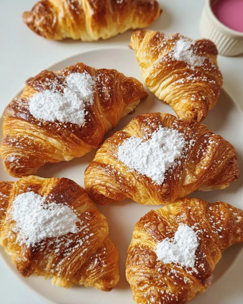 Valentine's Day powdered-sugar stenciled croissant on a romantic table setting.