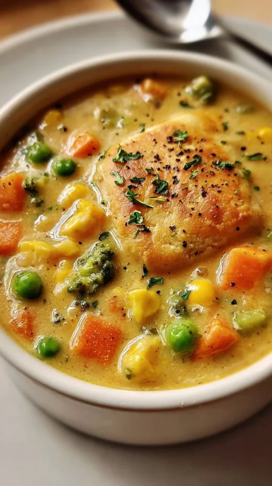 Delicious Veggie Pot Pie Soup with colorful vegetables in a creamy broth
